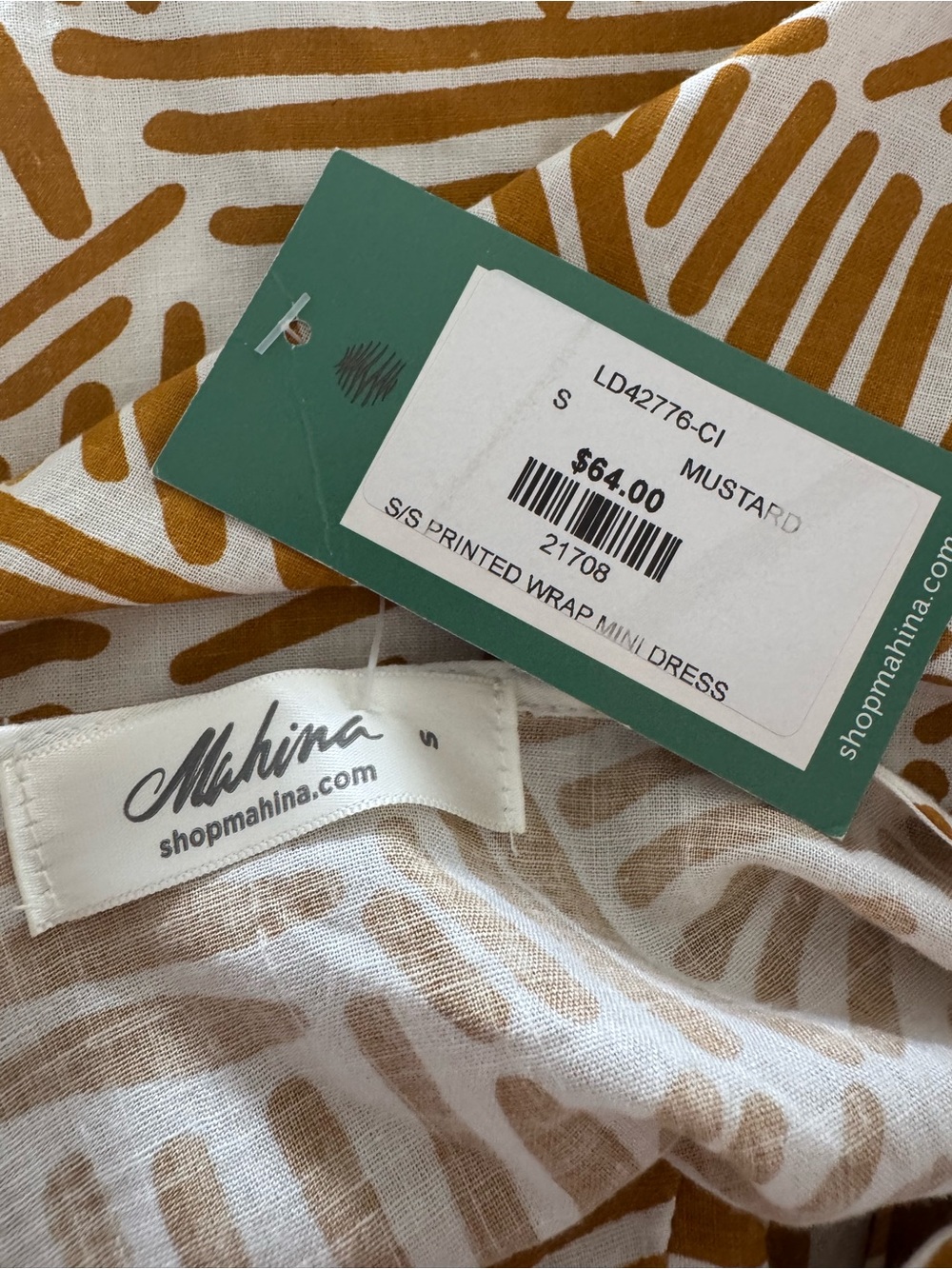 Mahina Mustard and White Abstract Wrap Mini Dress - Picture 4 of 4